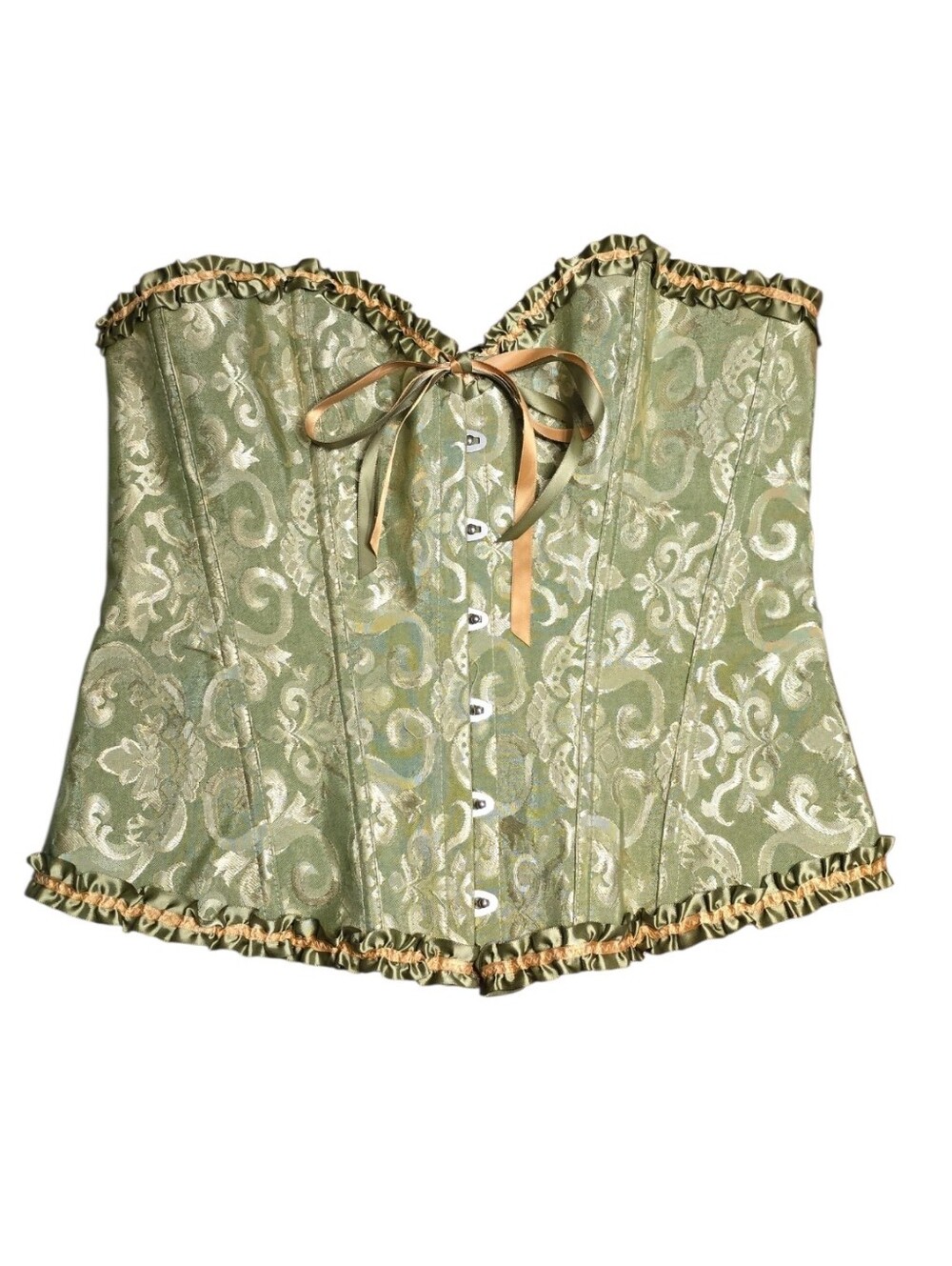 Green Brocade Damask Corset Top Ruffle Bustier Cottagecore - Picture 2 of 10